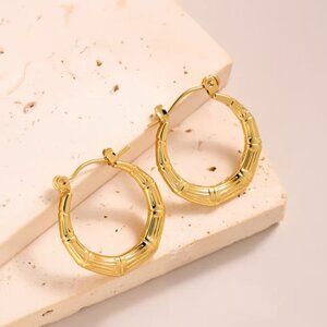 New Fashion Titanium Steel 18K Gold Oil Pressure Hoop Earrings 1 Pair